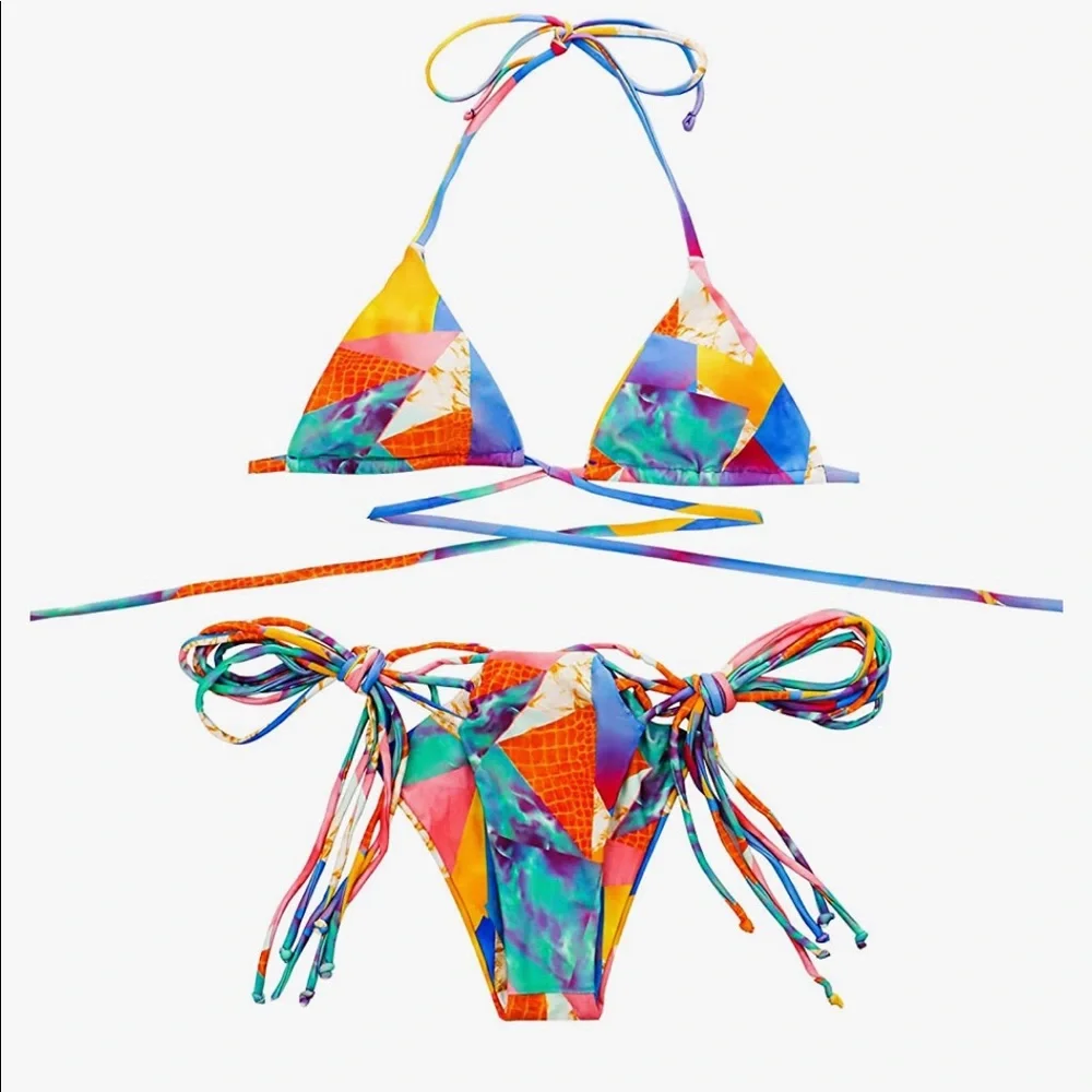 NWT Bandage Bikini GEOMETRICAL Print Two Piece THONG String Swimsuit - Picture 5 of 8